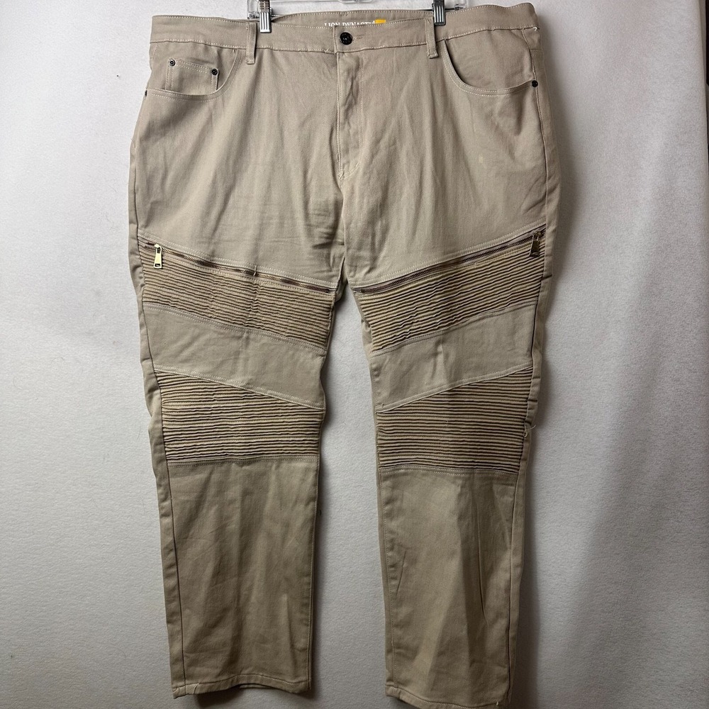 Lion Dynasty Mens Moto Biker Pants Tan Khaki Ribbed Panel Zipper Detail Trousers